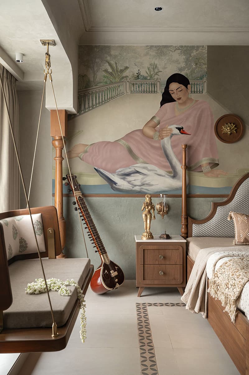 Elegant Classical Indian Lady Interior Wallpaper shown in a room