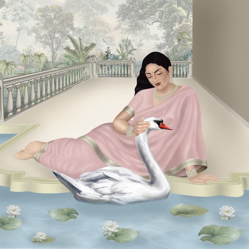 Elegant Classical Indian Lady Interior Wallpaper pattern detail