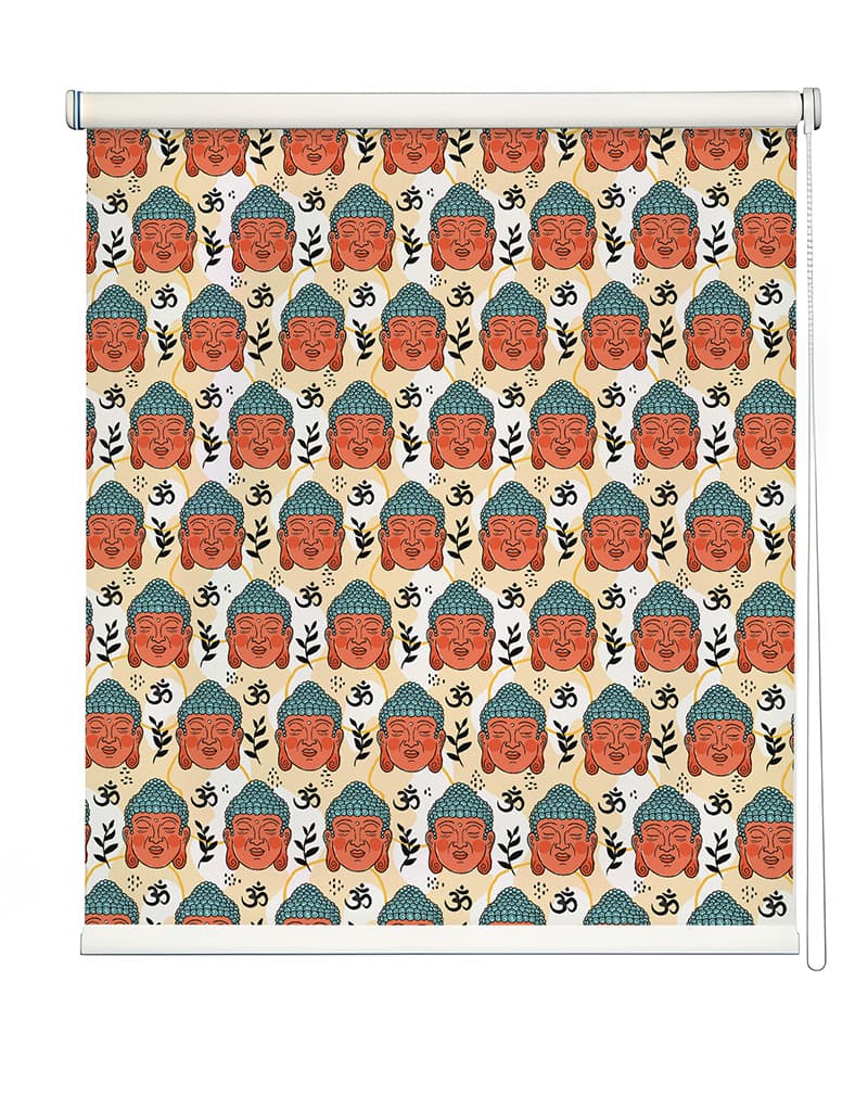 Buddha's Elegance Pooja Room Roller Blinds shown in a room