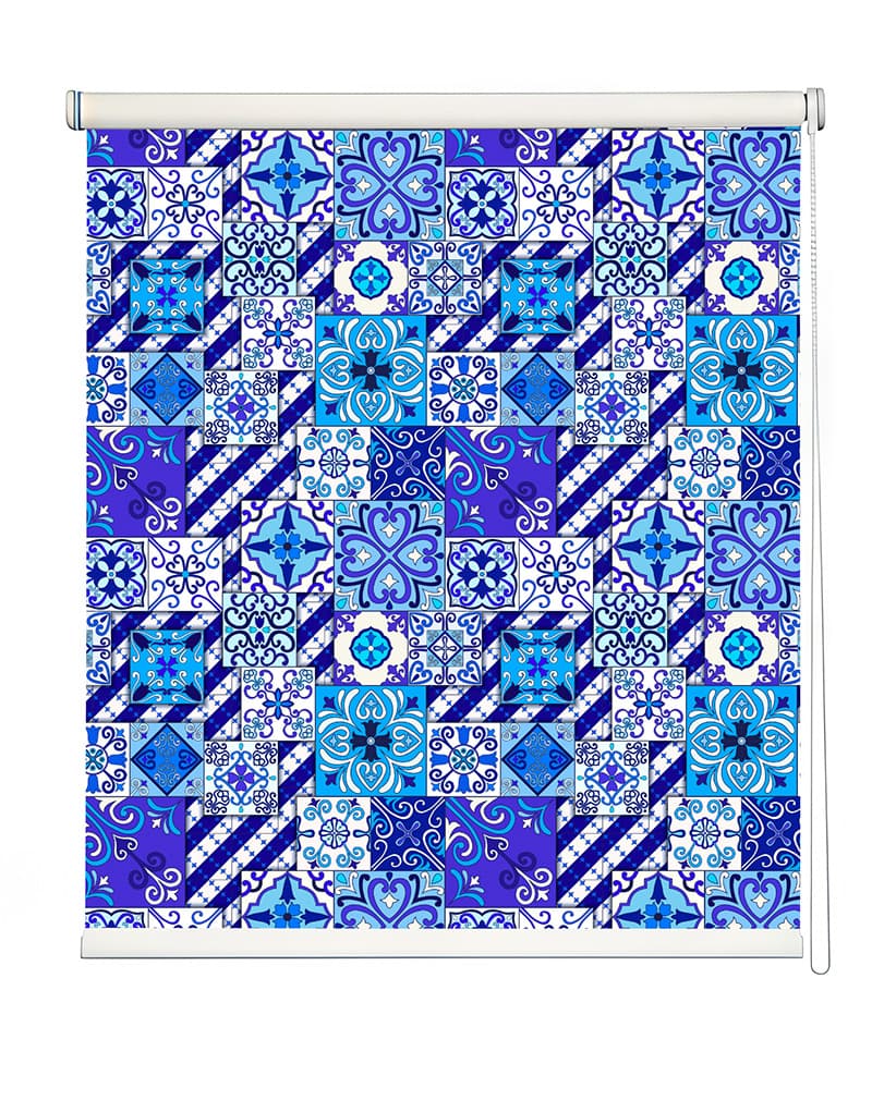 Azure Mosaic Effect Roller Blinds shown in a room