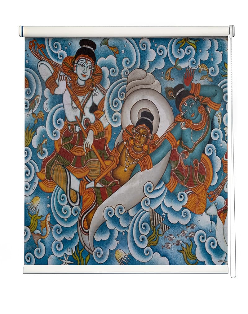Ancient Kerala Mural Hues Roller Blind shown in a room