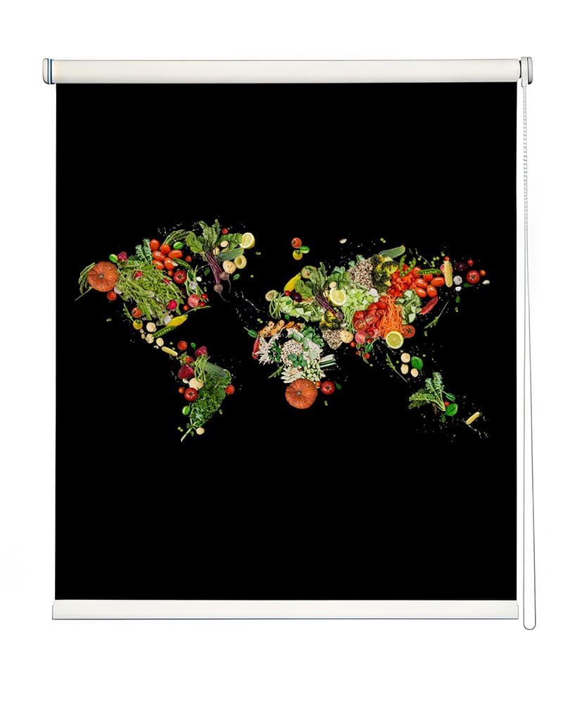 Black Magic Veggies Map Roller Blind shown in a room