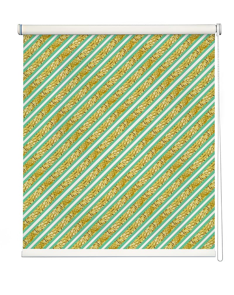 Modern Green-Gold Striped Design Roller Blind shown in a room