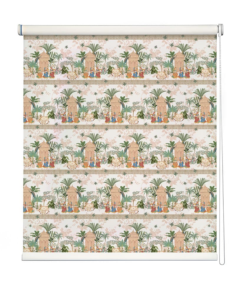 Exotic Palm & Pavilion Pattern Roller Blind shown in a room