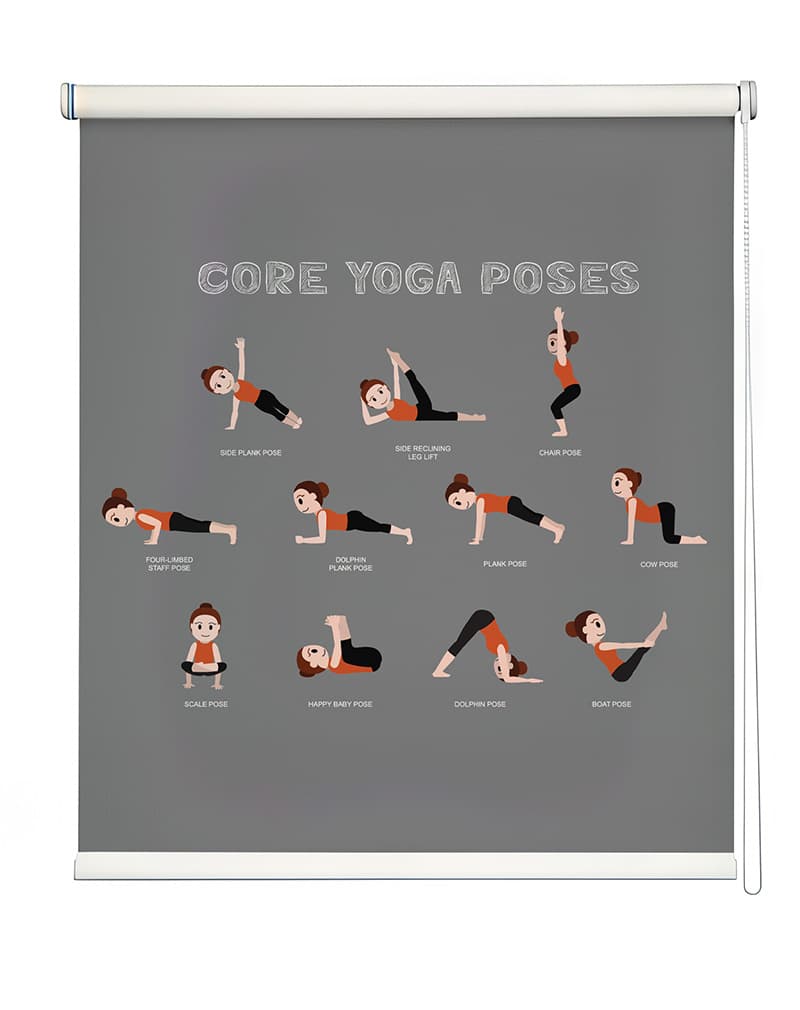 Core Yoga Poses Chart Roller Blind shown in a room