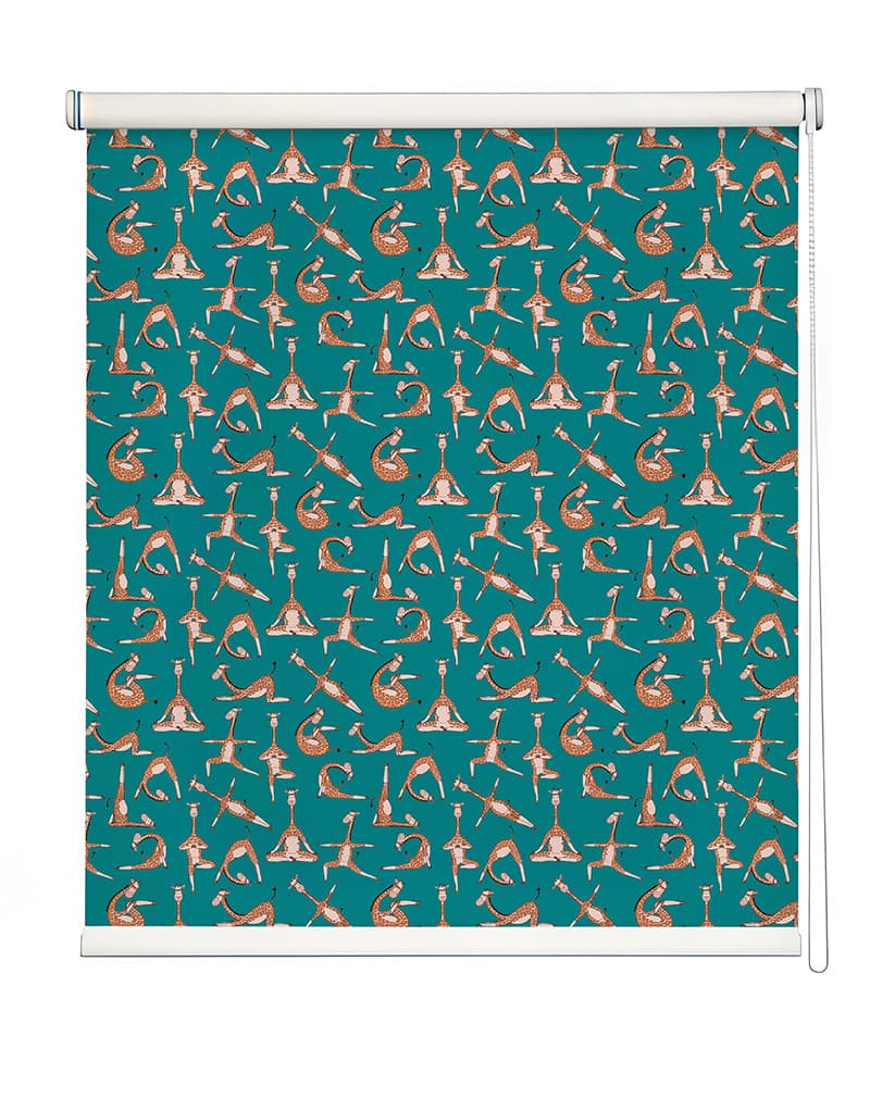 Whimsical Yoga Animals Pattern Roller Blind shown in a room