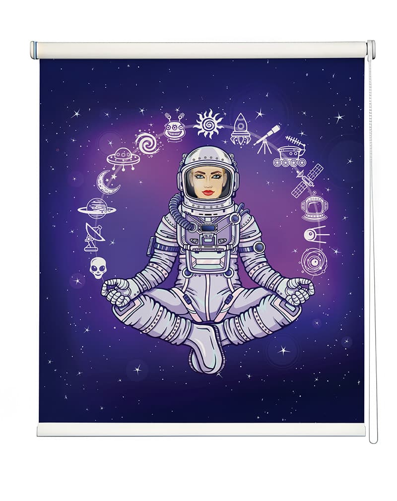 Cosmic Meditation Astronaut Roller Blind shown in a room