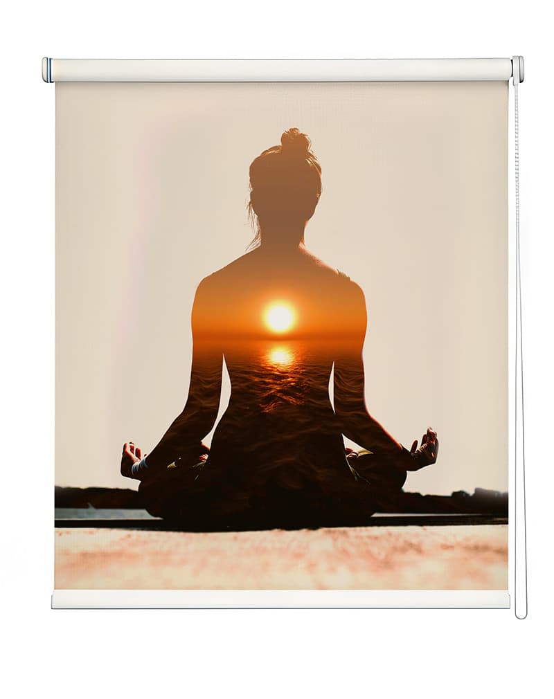 Peaceful Reflection Yoga Roller Blind shown in a room