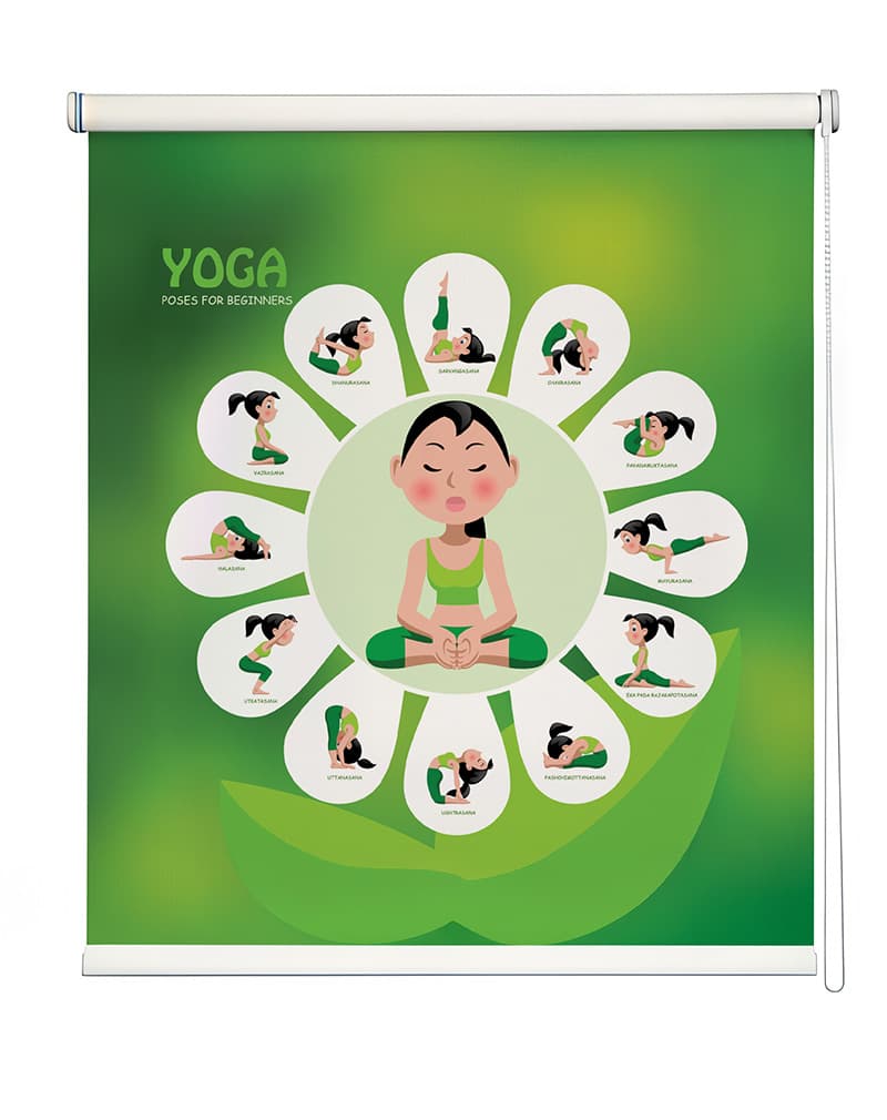 Vibrant Green Yoga Poses Window Roller Blind shown in a room
