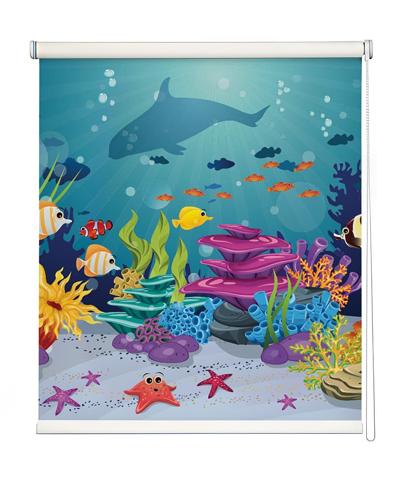 Ocean Reef Adventure Roller Blind shown in a room