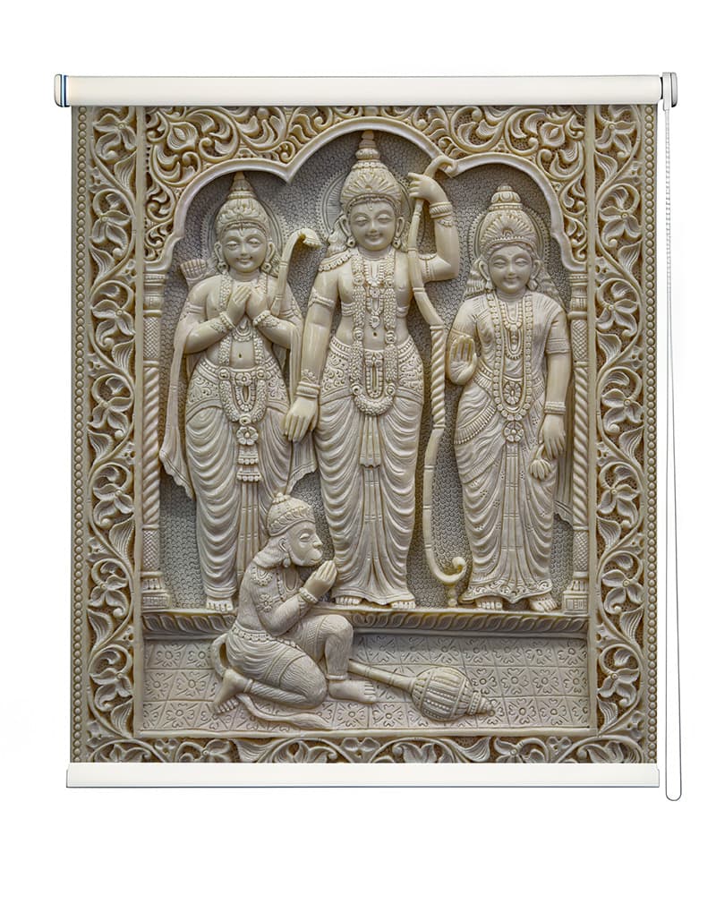 Divine Carving Reverence Pooja Room Roller Blind shown in a room