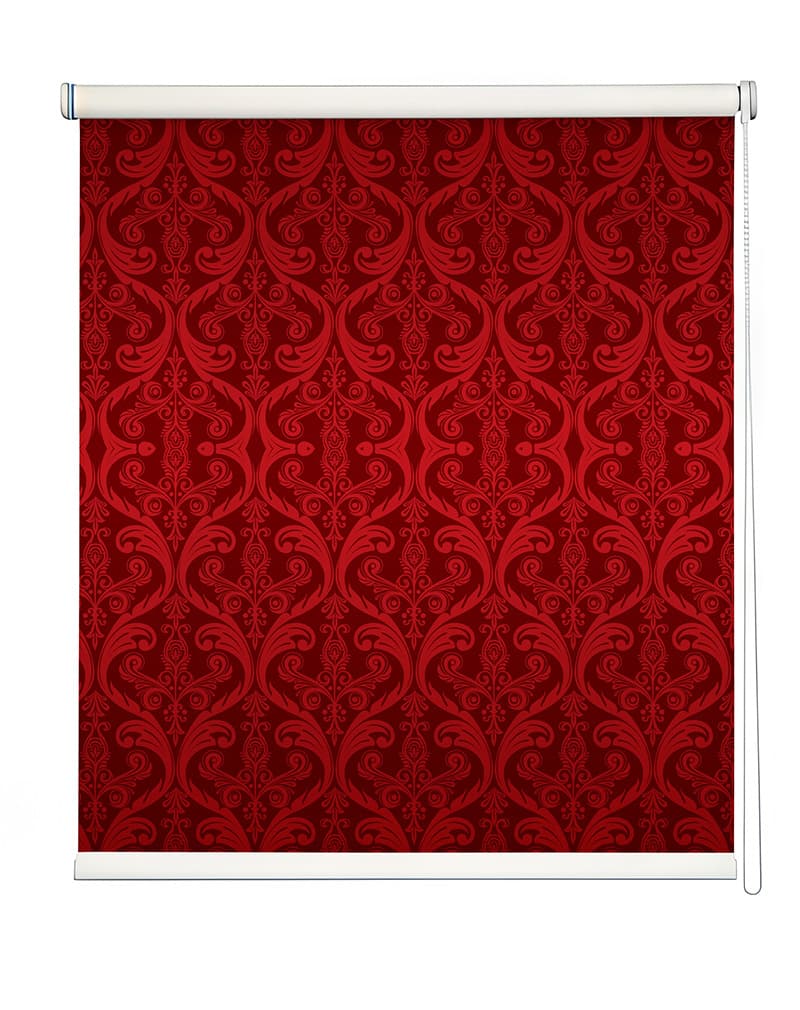 Vibrant Red Damask Window Roller Blind shown in a room