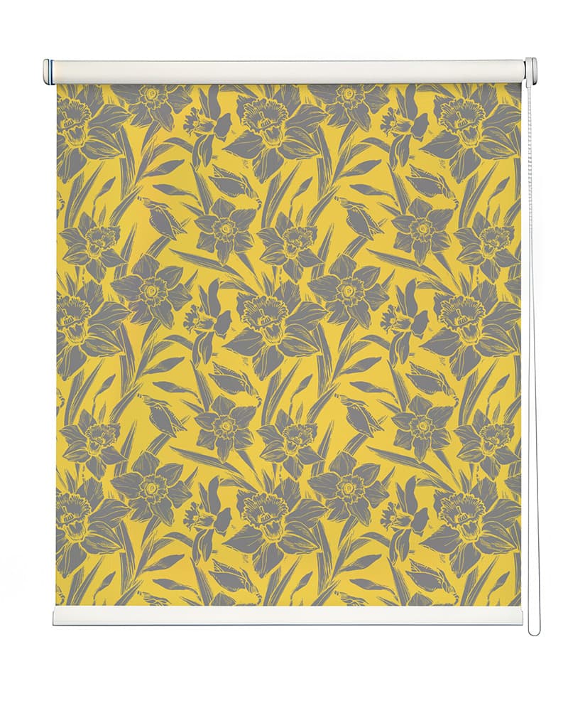 Trendy Yellow Floral Roller Blind shown in a room