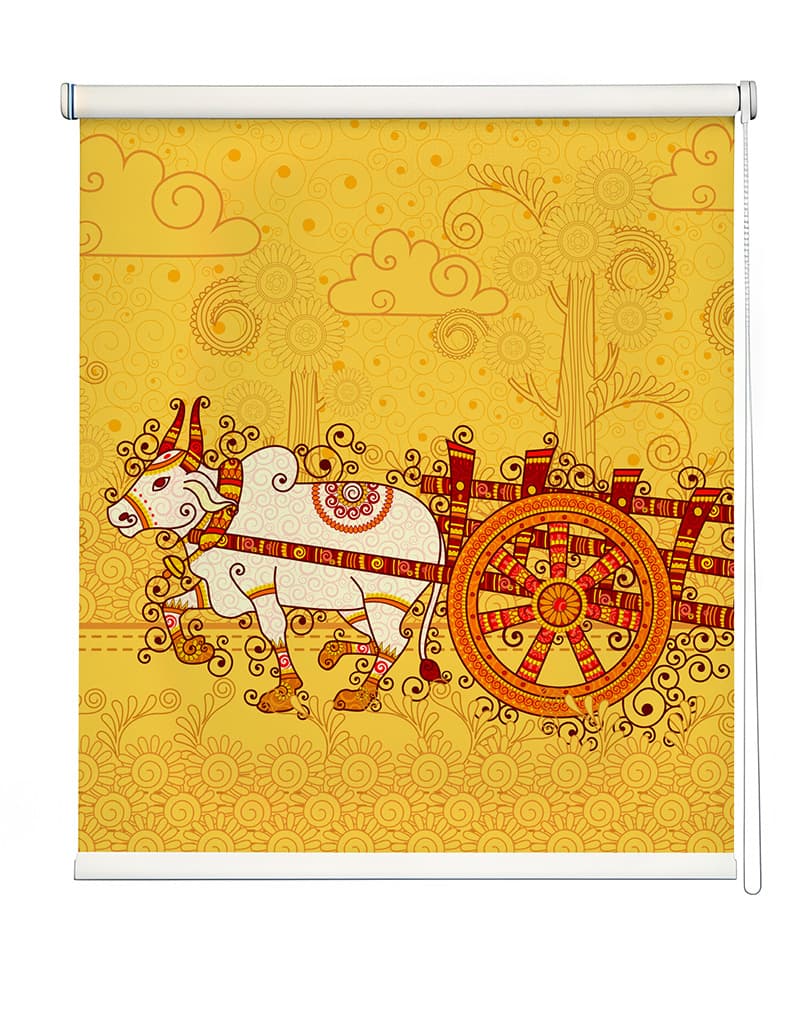 Vibrant Indian Bullock Cart Roller Blind shown in a room