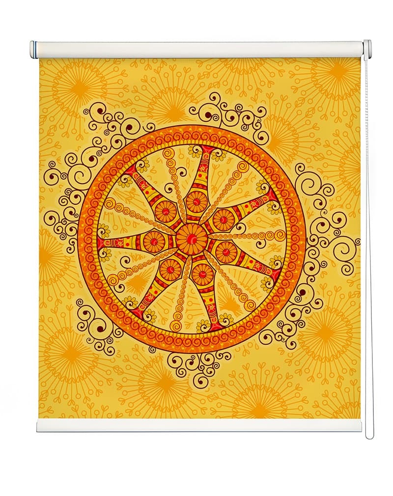 Indian Art Style Konark Wheel Roller Blind shown in a room
