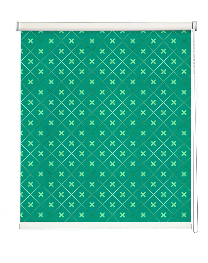 Vibrant Teal Green Geometric Roller Blind shown in a room