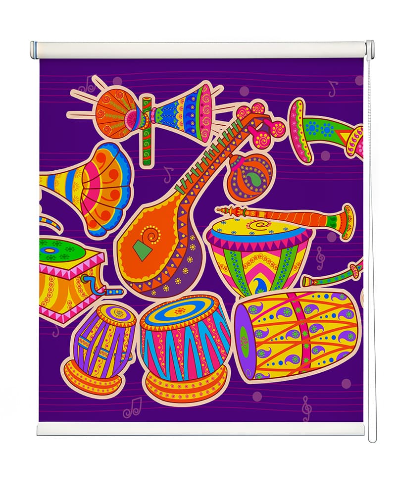 Indian Musical Instruments Roller Blind shown in a room