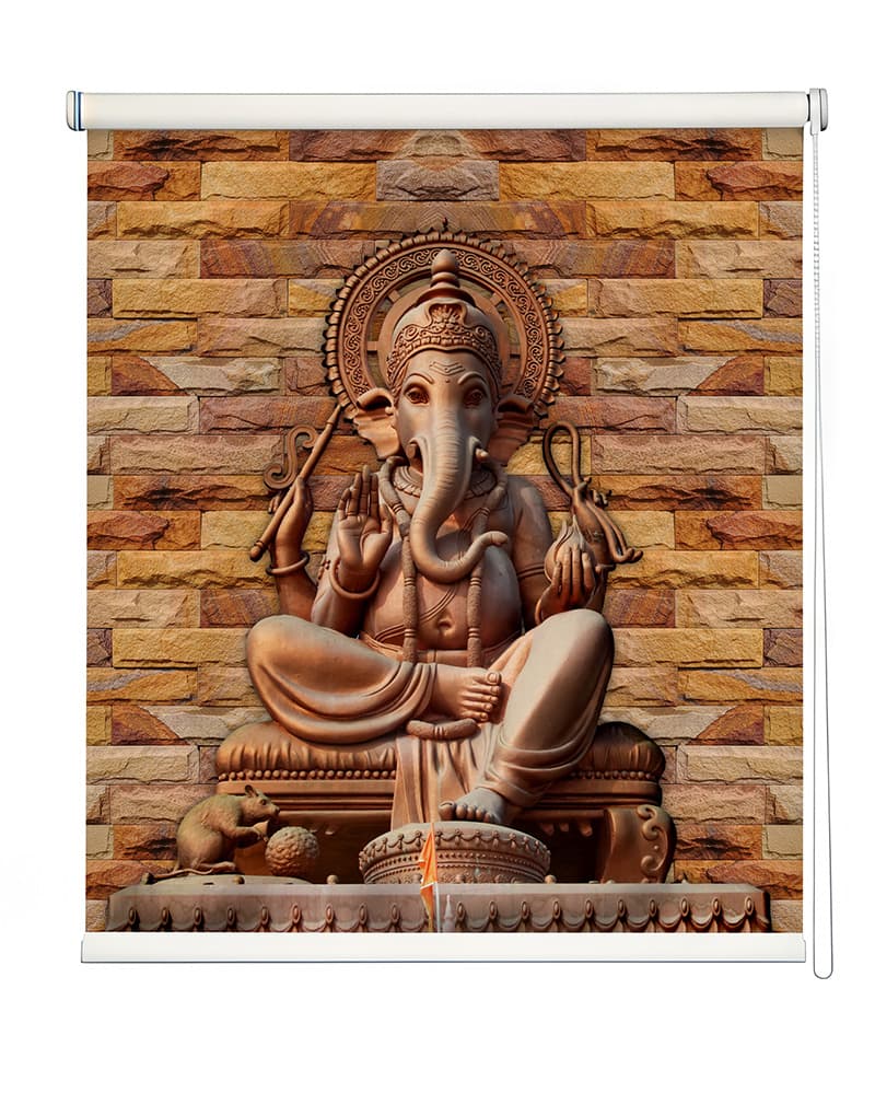 3D Ganesh Idol Puja Room Roller Blind shown in a room