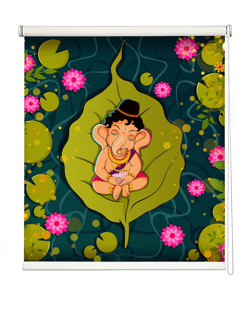 Cute Ganesha on Leaf Puja Room Roller Blind shown in a room