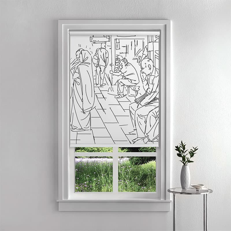Indian Street Sketch Art Roller Blind pattern detail