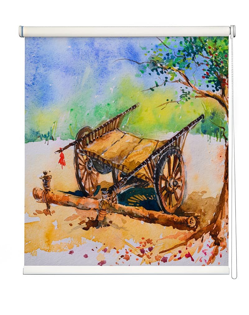 Nostalgic Cart Painting Roller Blind shown in a room