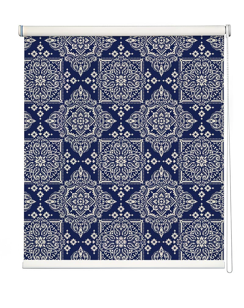 Elegant Navy Patterned Roller Blind shown in a room
