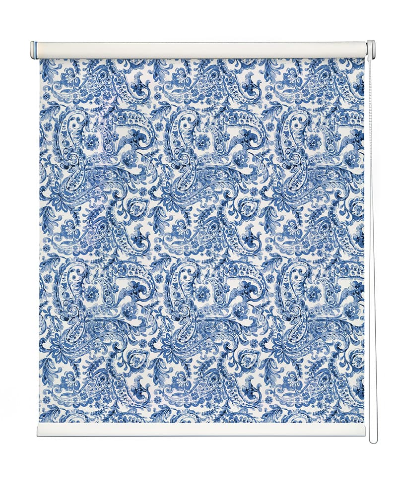 Serene Blue & White Pattern Roller Blind shown in a room
