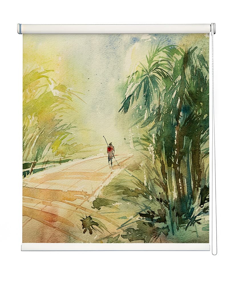 Watercolor Style Village Painting Inside Roller Blind shown in a room