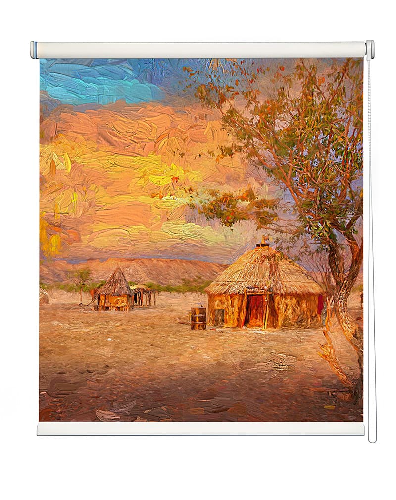 African Hut Painting Roller Blind shown in a room