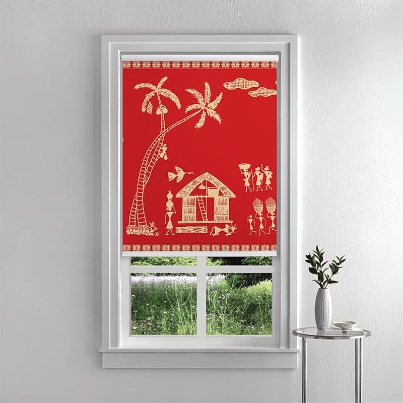 Mesmerizing Warli Art Roller Blind pattern detail