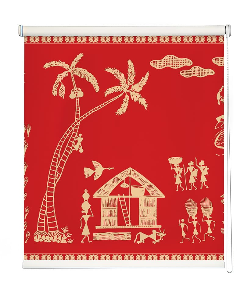 Mesmerizing Warli Art Roller Blind shown in a room
