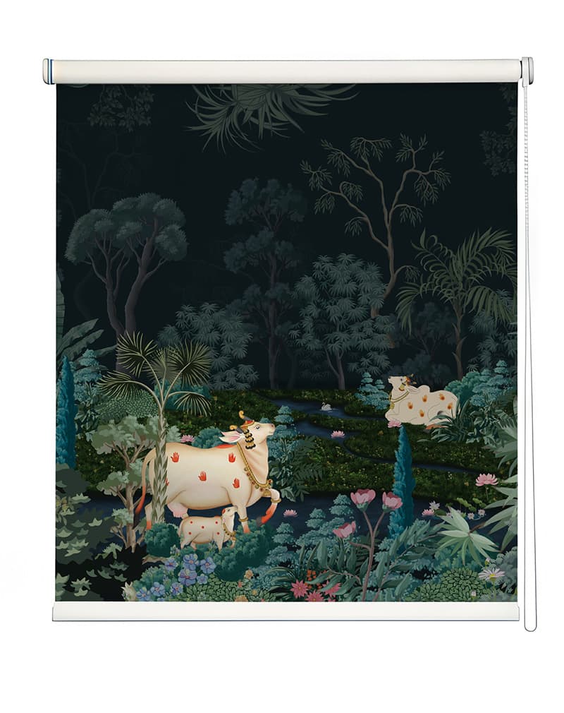 Divine Pichwai Cow Roller Blind shown in a room