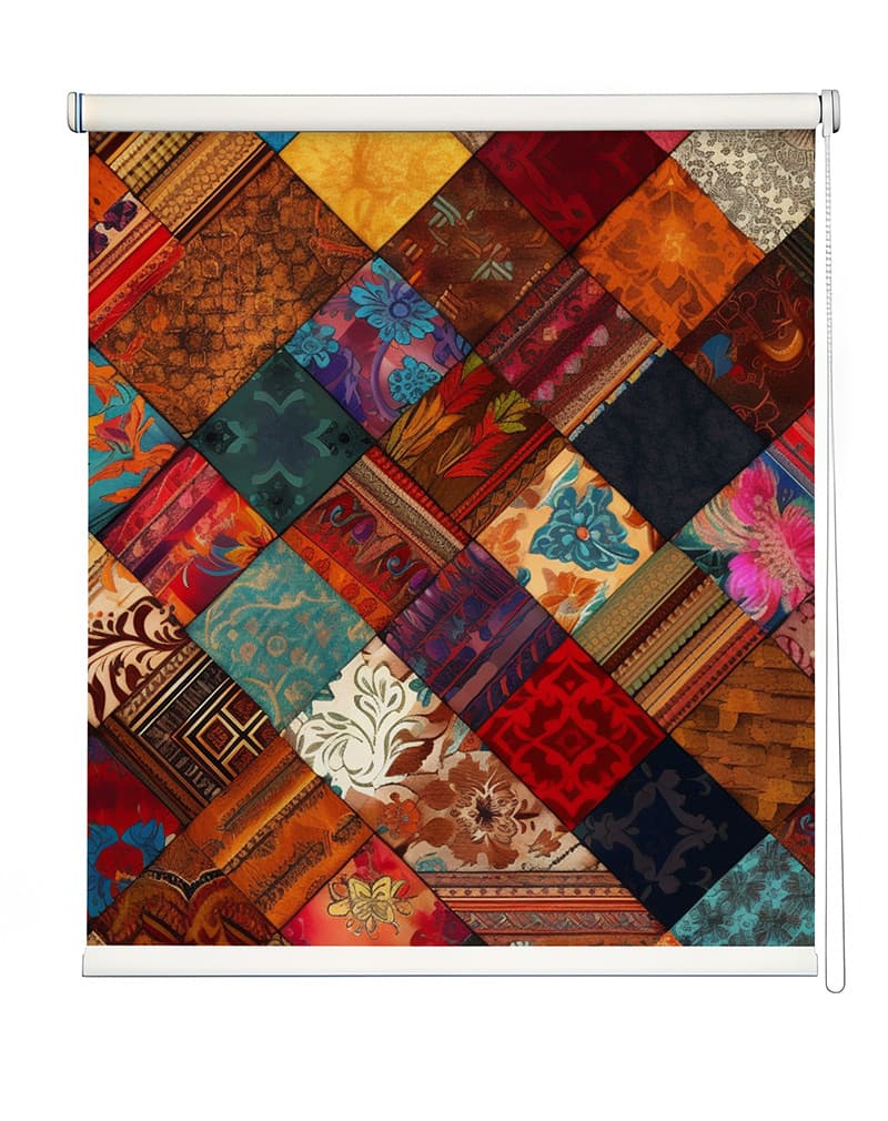 Multi-Color Patchwork Roller Blind shown in a room