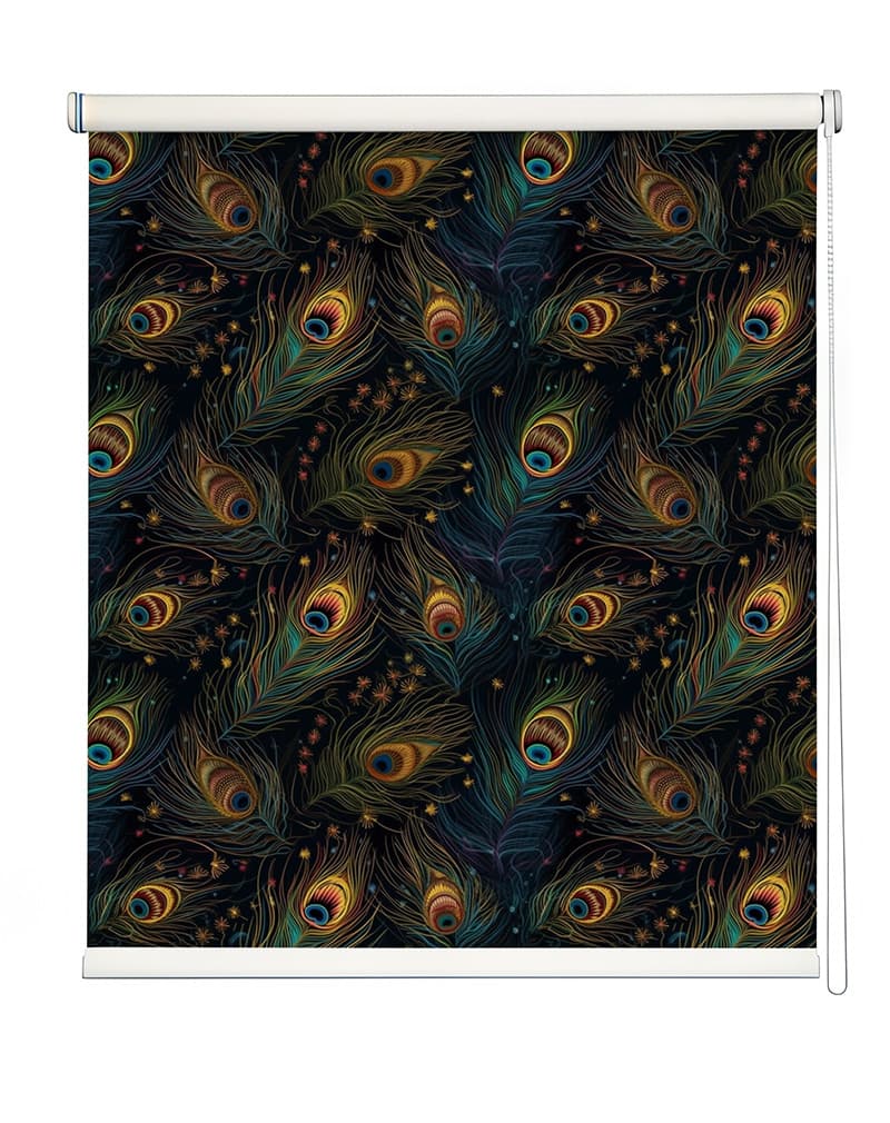 Mystical Peacock Feather Roller Blind shown in a room