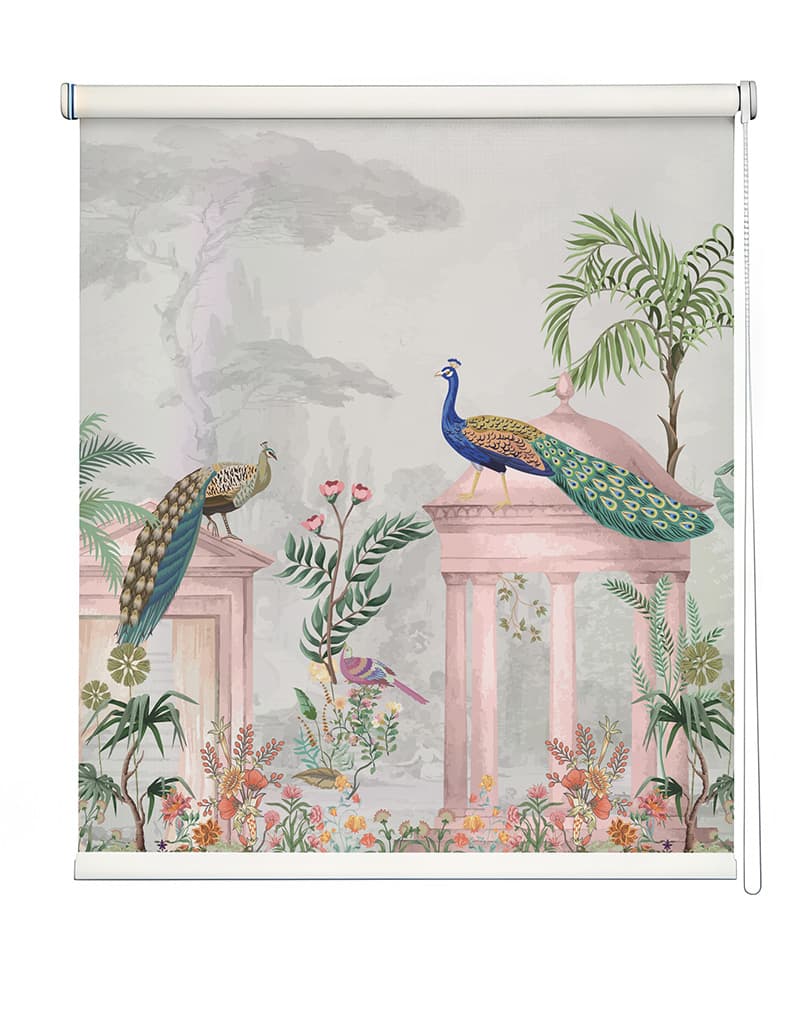 Whimsical Peacock Roller Blind shown in a room