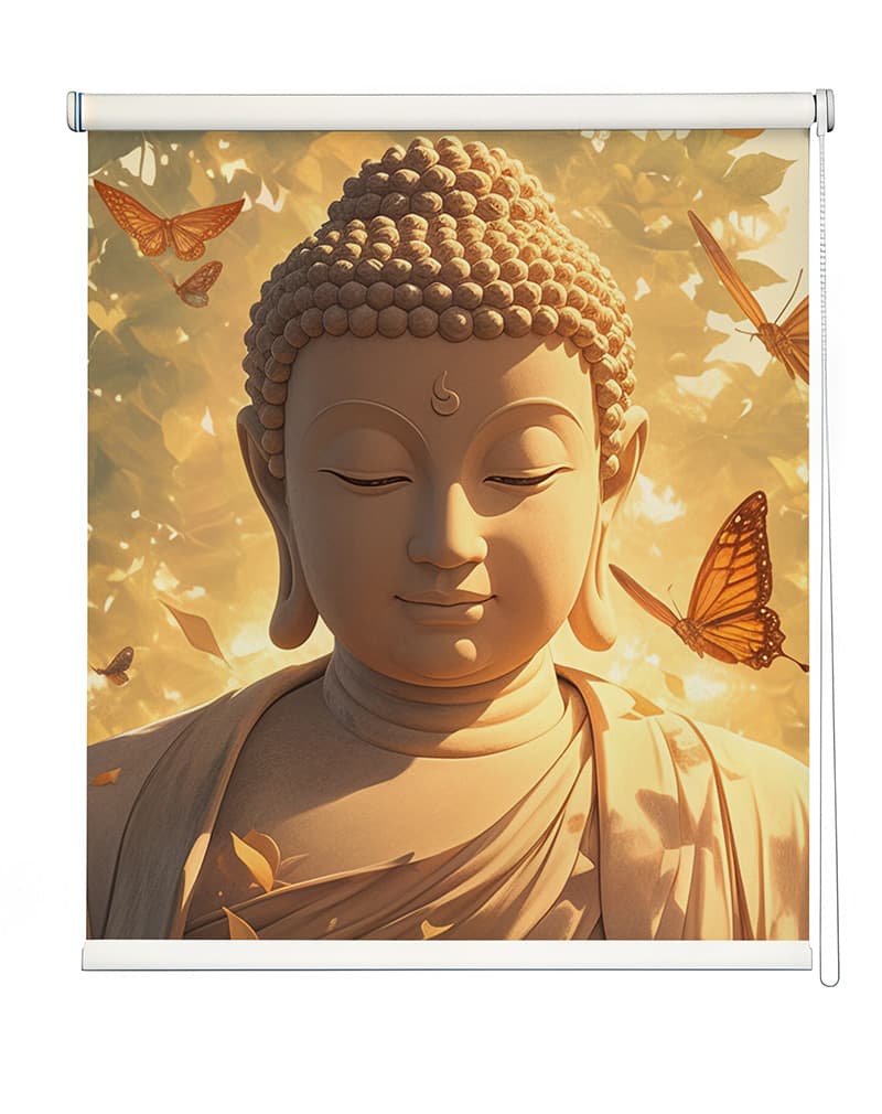 Serene Buddha Statue Roller Blind shown in a room
