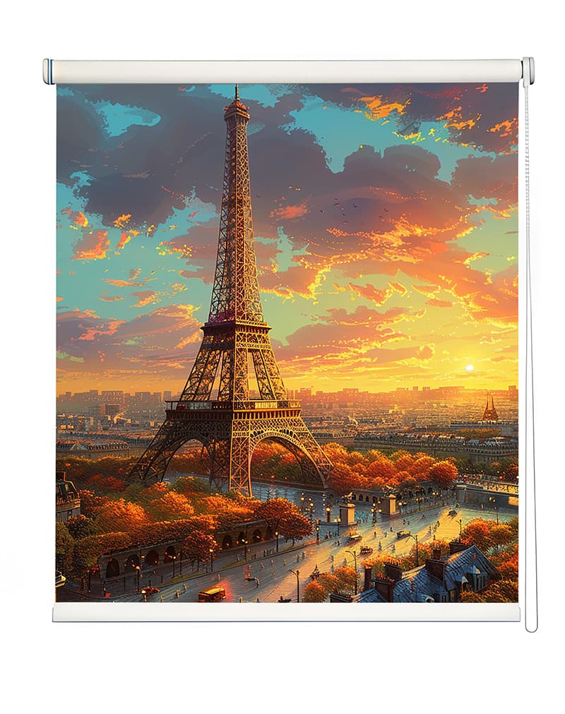 Paris Cityscape at Dusk Roller Blind shown in a room