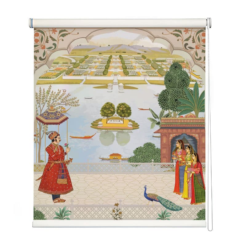 Mughal Lakeside Vista Art Print Roller Blind shown in a room