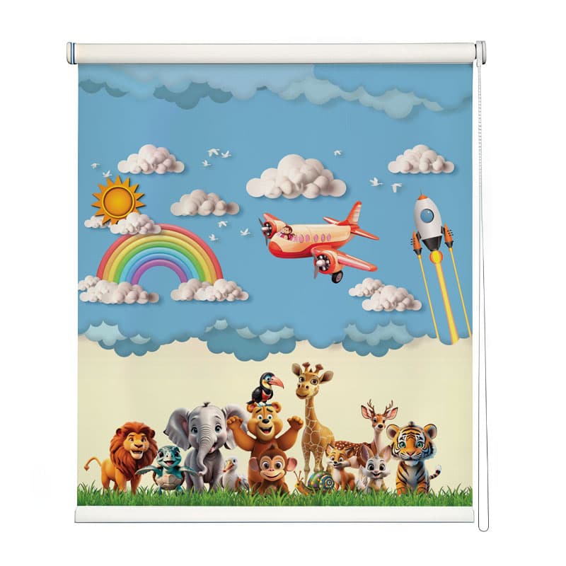 3D Sky Safari Roller Blinds: Kids Room Safari Theme Window Blinds shown in a room