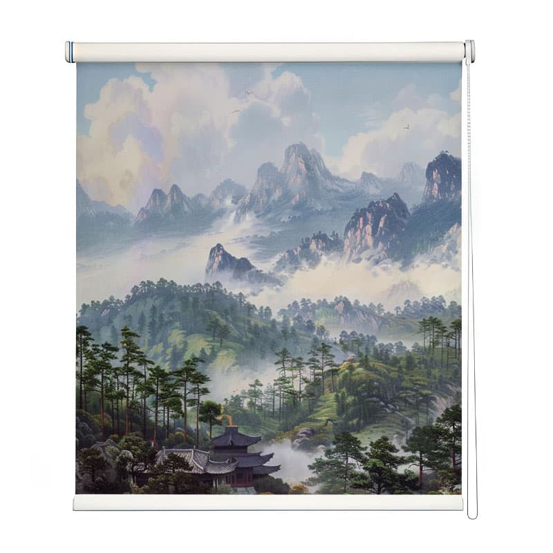 Clouded Zen Peaks Landscape Roller Blind shown in a room
