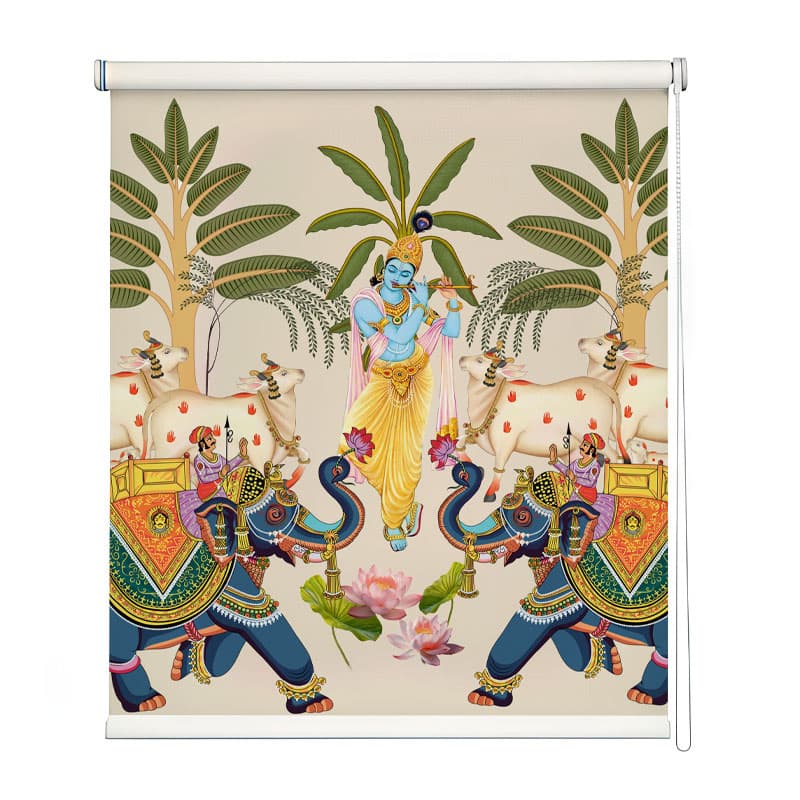 Krishna's Garden Puja Room Roller Blinds shown in a room