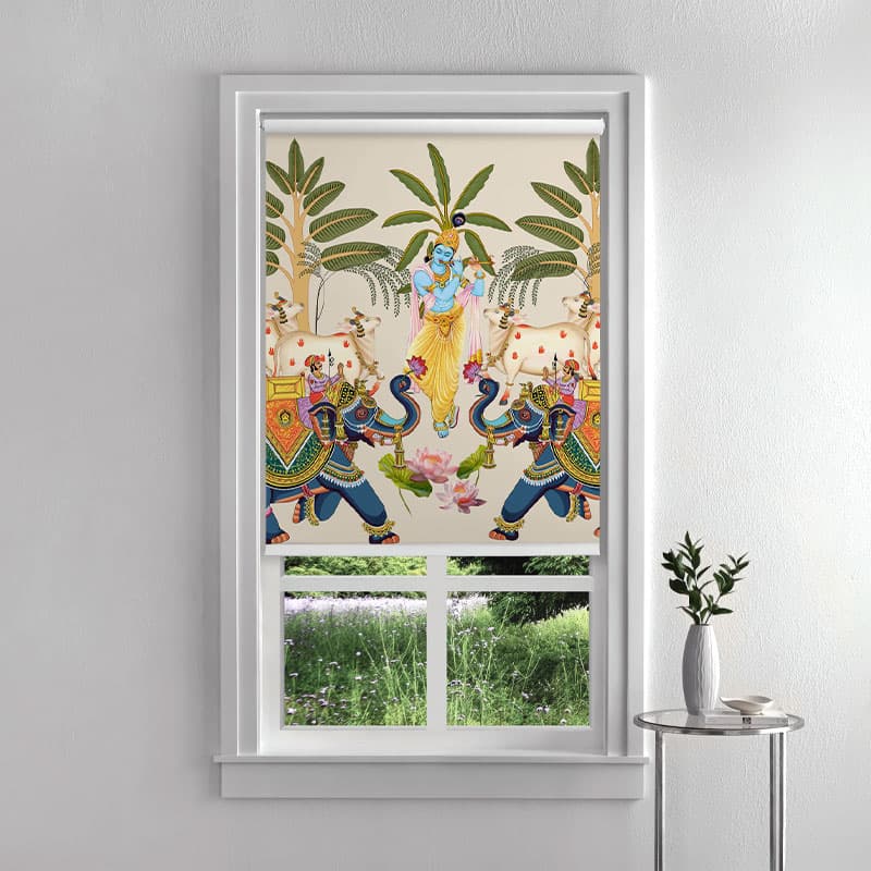 Krishna's Garden Puja Room Roller Blinds pattern detail