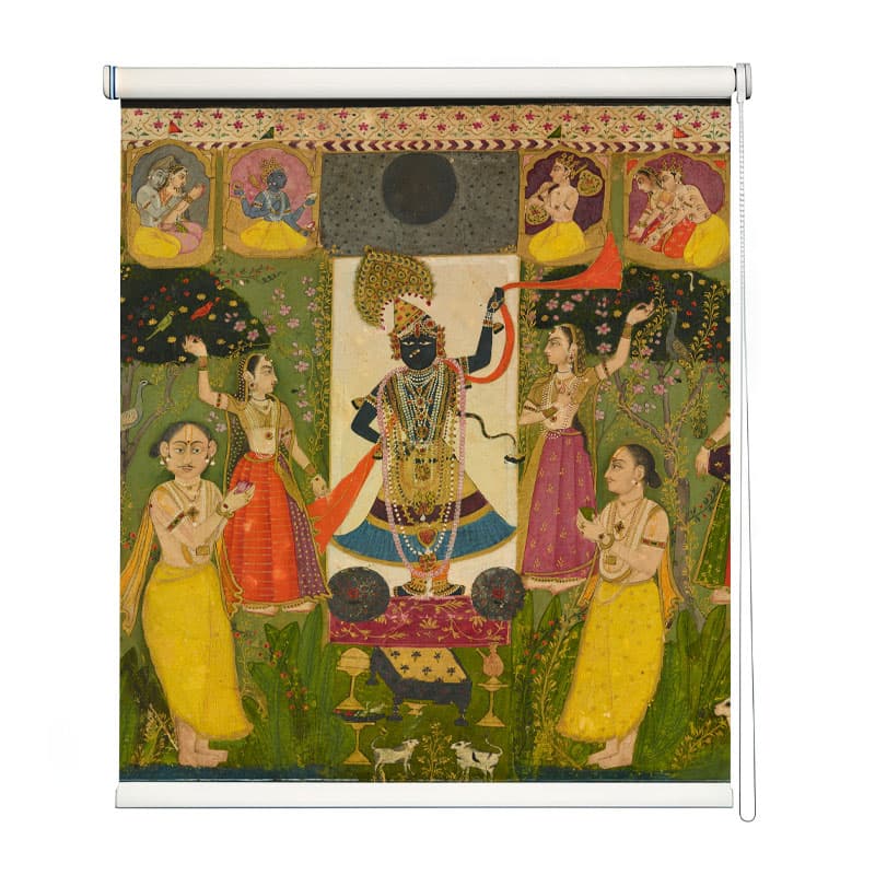 Lord Krishna Govardhan Hill Art Roller Blind shown in a room