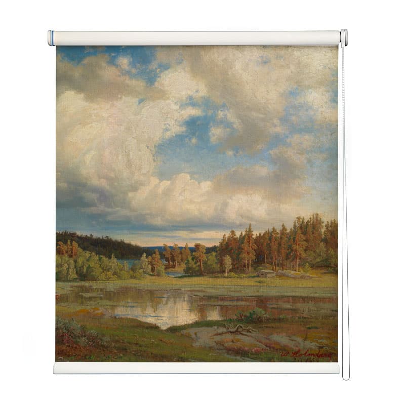Serene Lakeside Forest Window Roller Blind shown in a room
