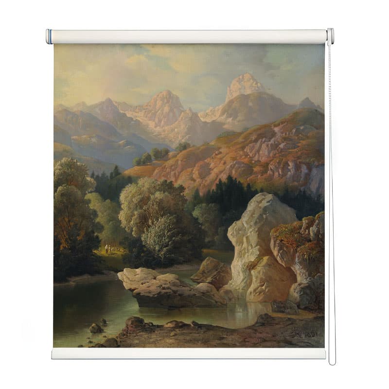 Classic Mountain Lake View Window Roller Blind shown in a room