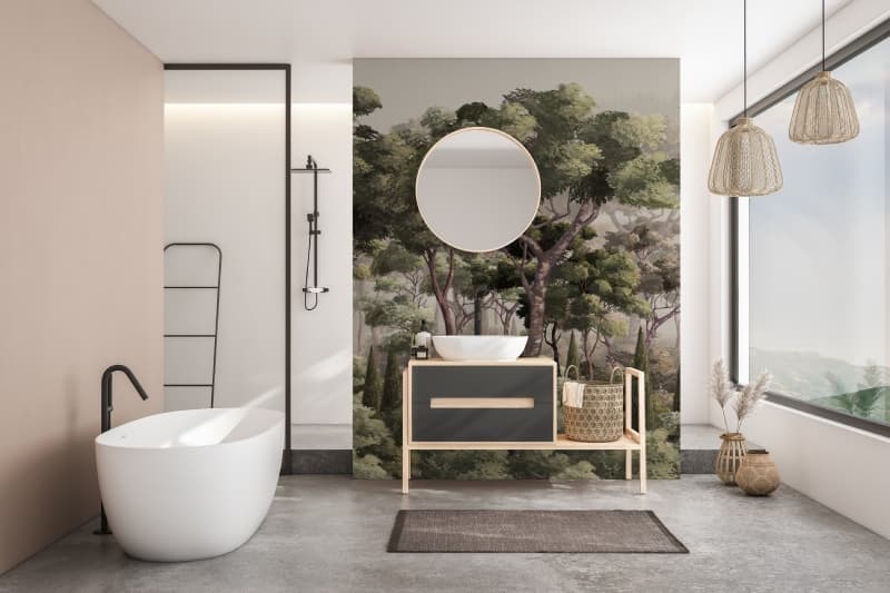 Sylvestra, Morning Mist Forest Wallpaper Mural shown in a room