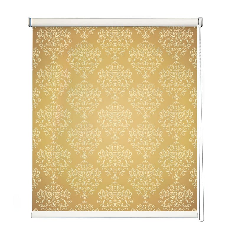 Regal Gold Patterned Window Roller Blind shown in a room