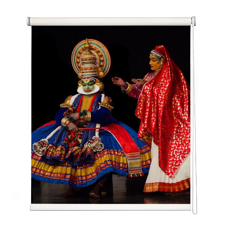 Dramatic Kathakali Figures Roller Blind shown in a room