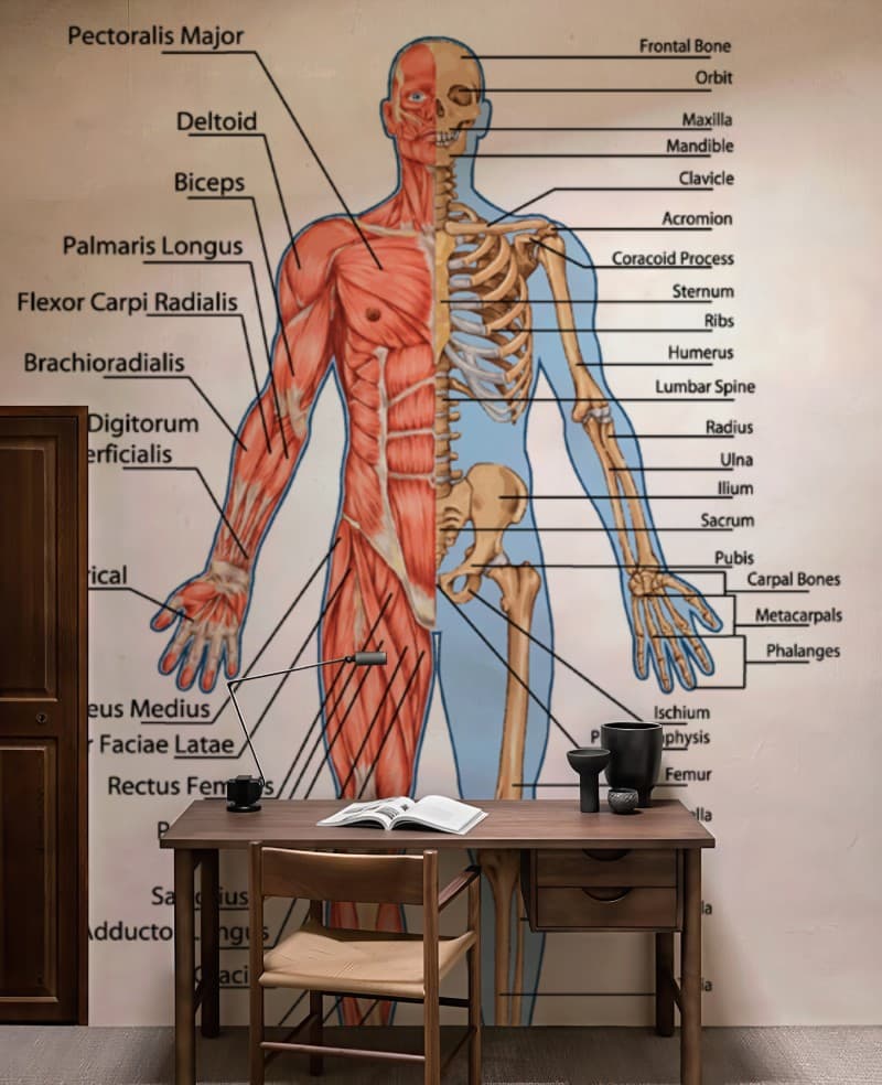 Human Muscles and Bones Educational Wallpaper shown in a room