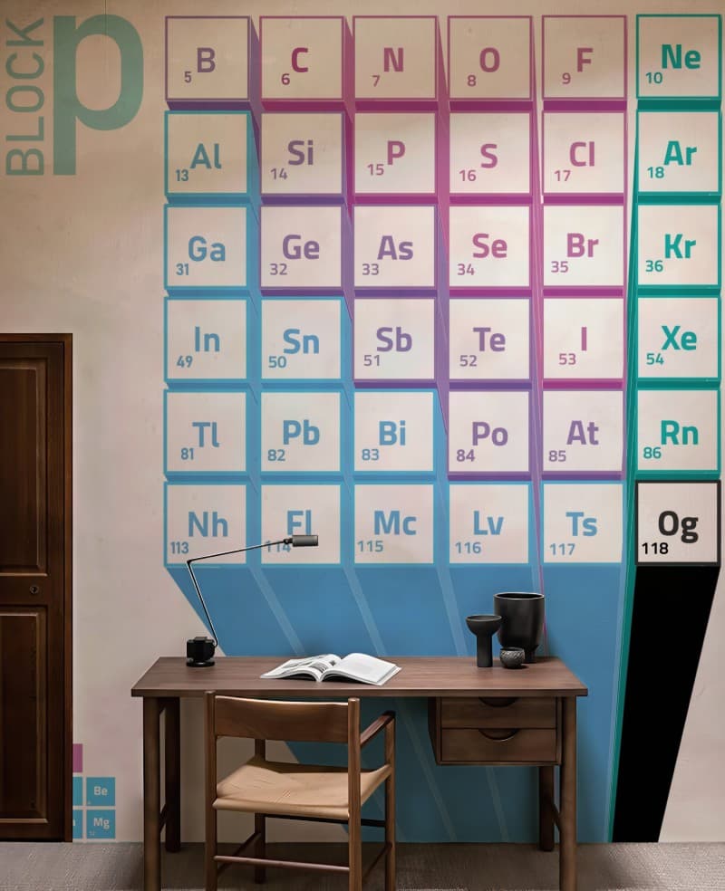 P-Block Elements Periodic Table Wallpaper Mural shown in a room